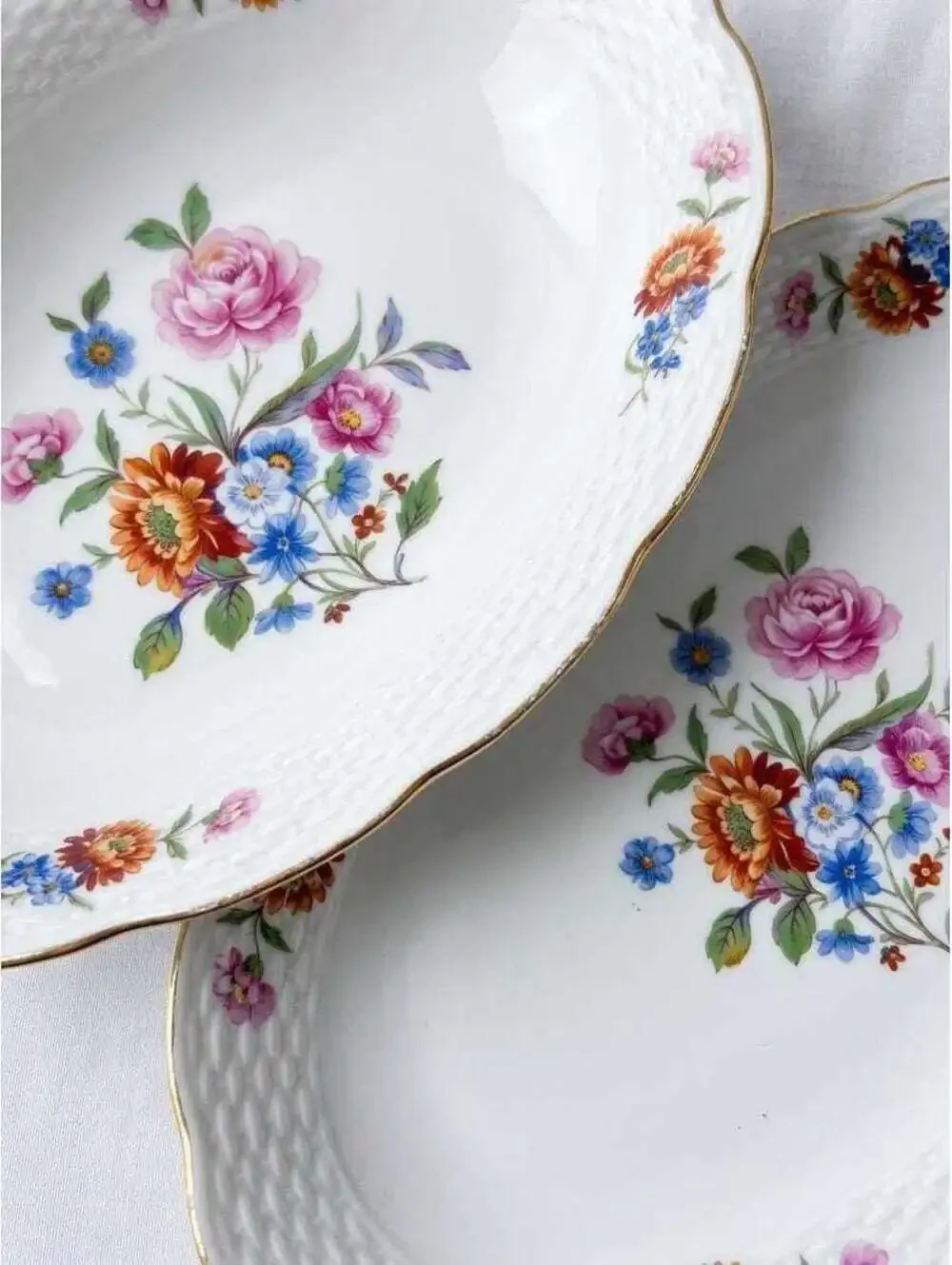 Vintage Czechoslovakian Floral Basket Weave Oval Serving Dishes Set of Two